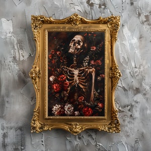 May include: A gold ornate frame with a painting of a human skeleton surrounded by red, white, and pink flowers. The skeleton is wearing a crown of thorns and has a skull for a head.