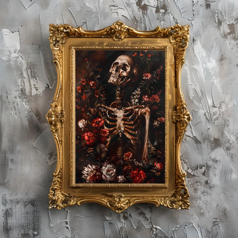 May include: A gold ornate frame with a painting of a human skeleton surrounded by red, white, and pink flowers. The skeleton is wearing a crown of thorns and has a skull for a head.
