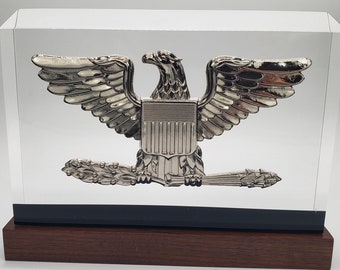 Colonel / CAPT (O6) / Police / Fire Chief Silver Eagle BallistiGlass Monument, Large Military Retirement Gift or Promotion Award, Clear