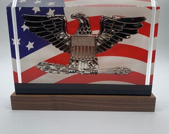 Colonel / CAPT (O6) / Police / Fire Chief Silver Eagle BallistiGlass Monument, Large Military Retirement Gift or Promotion Award, US Flag