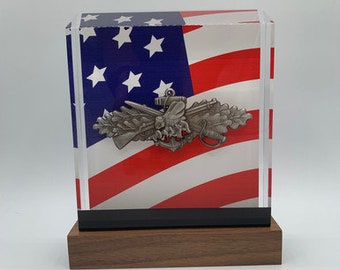 Navy Seabee BallistiGlass Monument, Medium Military Retirement Gift or Qualification Award, US Flag Background