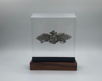Navy Seabee BallistiGlass Monument, Medium Military Retirement Gift or Qualification Award, Clear Background