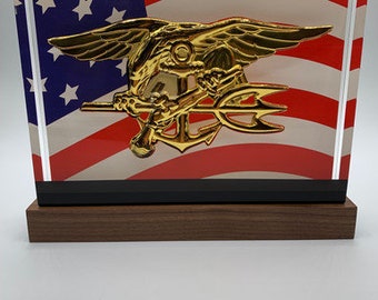Navy SEAL Emblem BallistiGlass Monument, Large Military Retirement Gift or Qualification Award, US Flag Background