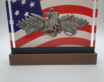 Navy Seabee BallistiGlass Monument, Large Military Retirement Gift, Qualification Award, US Flag Background