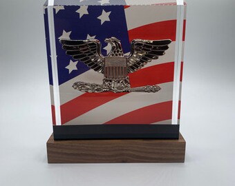 Colonel / CAPT (O6) / Police / Fire Chief Silver Eagle BallistiGlass Monument, Medium Military Retirement Gift or Promotion Award, US Flag