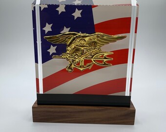 Navy SEAL Emblem BallistiGlass Monument, Medium Military Retirement Gift or Promotion Award, US Flag Background