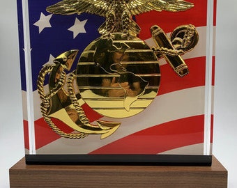 USMC EGA BallistiGlass Monument, Extra Large Retirement Gift or Promotion Award, US Flag Background