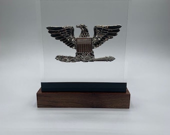 Colonel / CAPT (O6) / Police / Fire Chief Silver Eagle BallistiGlass Monument, Medium Military Retirement Gift or Promotion Award, Clear