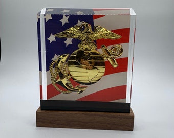 USMC EGA BallistiGlass Monument, Medium Retirement Gift or Promotion Award, US Flag Background