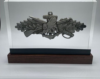 Navy Seabee BallistiGlass Monument, Large Military Retirement Gift or Qualification Award, US Flag Background