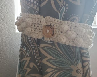 Handmade crochet curtain tie backs with button, customizable colors