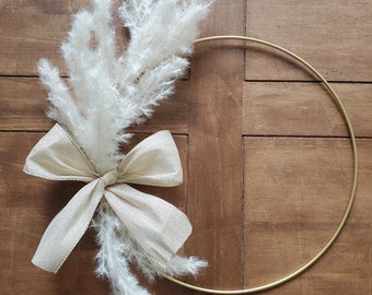 Gold Hoop Wreath with Pampas, Pampas and Ribbon Wreath, Pampas Gold wedding Wreath