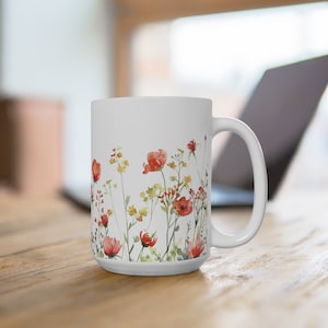 Ceramic Red Flowers Mug - 15oz Floral Coffee Cup, Lovely Blossoms Design, Perfect Gift for Her, Tea & Coffee Lovers