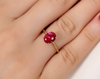Oval Ruby Ring – July Birthstone Ring Elegant Deep Red Gemstone Ring, 925 Sterling Silver Ring, Statement Oval Solitaire Ring, Sparkly Ring