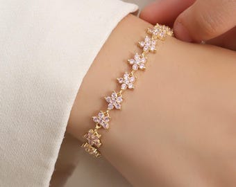 ピンクトルマリンフラワーブレスレット、925スターリングシルバーブレスレット、10月の誕生石ブレスレット、特別な日のためのブレスレット、お母さんへのブレスレット
