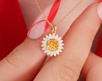 Sterling Silver Sun Necklace with Citrine Center – Sparkling Sunburst Pendant, November Birthstone Gift, Dainty Boho Jewelry for Her