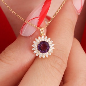 Sterling Silver Sun Necklace with Amethyst Center – Sparkling Sunburst Pendant, February Birthstone Gift, Boho Spiritual Jewelry Her