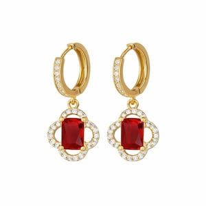 Silver Ruby Earrings, Clover Dangle Earrings, July Birthstone Earrings, Special Women's Earrings, Sapphire Earrings for Mom, Red Earrings