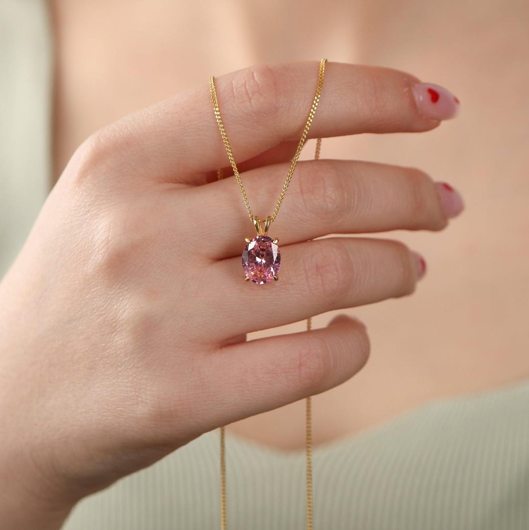 Collana ovale con tormalina rosa, collana con pietra portafortuna di ottobre, collana in argento, collana speciale per la mamma, collana con pietra rosa - Italia