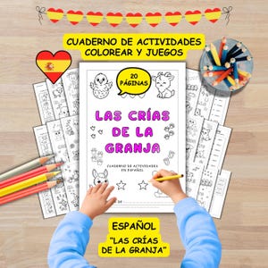 以下が含まれることがあります： スペイン語の「Las Crías de la Granja」というタイトルの塗り絵で、農場の動物のイラストが描かれています。表紙には「20 Páginas」という文字があり、子供が黄色の鉛筆で色を塗っています。鉛筆と追加の塗り絵ページが見えます。