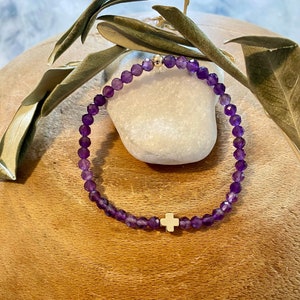 Amethyst bracelet with gold filled cross and bead inspired by gemstones mentioned in the Bible