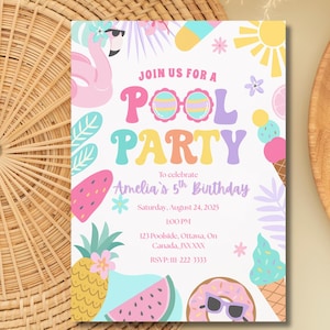 May include: A vibrant pool party invitation featuring the text "Join Us For A Pool Party" and details for Amelia's 5th birthday. The design incorporates illustrations of a flamingo, sunglasses, ice cream, and fruit. The invitation is set on a woven background.