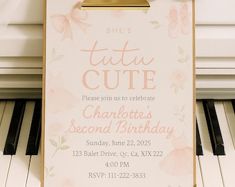 Tutu Cute 2nd Birthday Invitation, Ballerina Party, Editable Canva Template