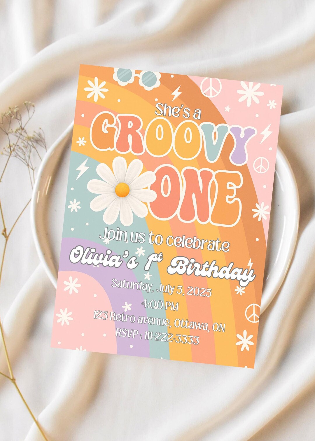 Groovy First Birthday Invitation Template | Editable Boho Retro Invite ...