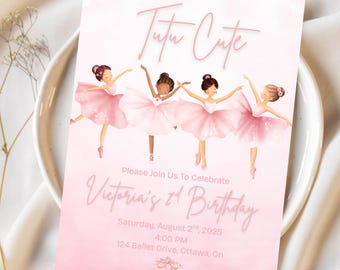 Invitación de cumpleaños de bailarina: Fiesta de baile con tutú rosa, plantilla editable de Canva (descarga digital)