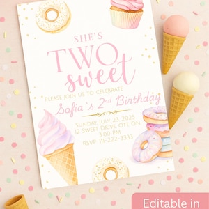 May include: A birthday invitation with a pink and white design, featuring the text "She's Two Sweet" and "Sofia's 2nd Birthday". The invitation includes illustrations of ice cream cones, donuts, and a cupcake. The words "Editable in Canva" are also present.