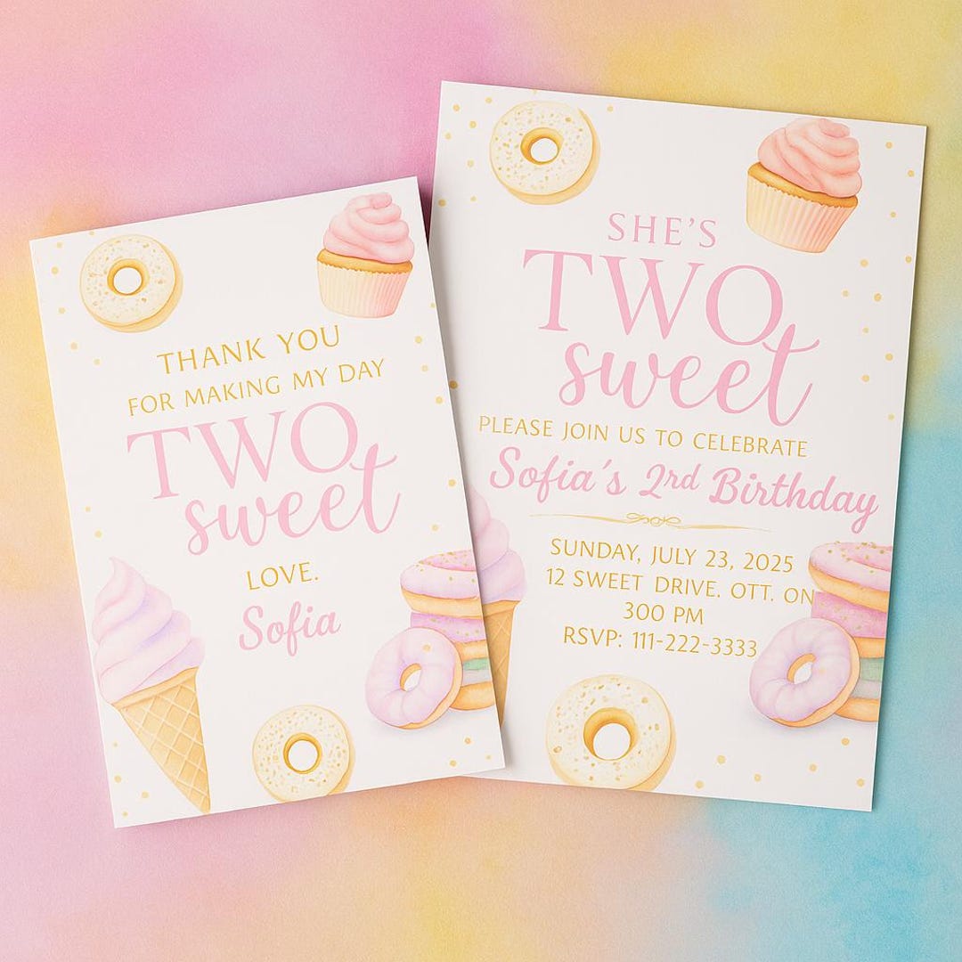 Two Birthday Invite Two Sweet Birthday Invitation & Thank You Card Bundle: Donut Ice Cream ...