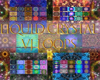 May include: A collage of colourful, abstract, geometric patterns with the text "LIQUID CRYSTAL VJ LOOPS" in gold letters.