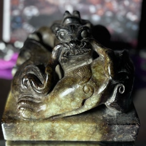 Chinese Antique Natural Stone "Dragon" Seal Hand Carved Statue.Guardian of Prosperity and Protect Owner,Symbolize Power,Attract Wealth.