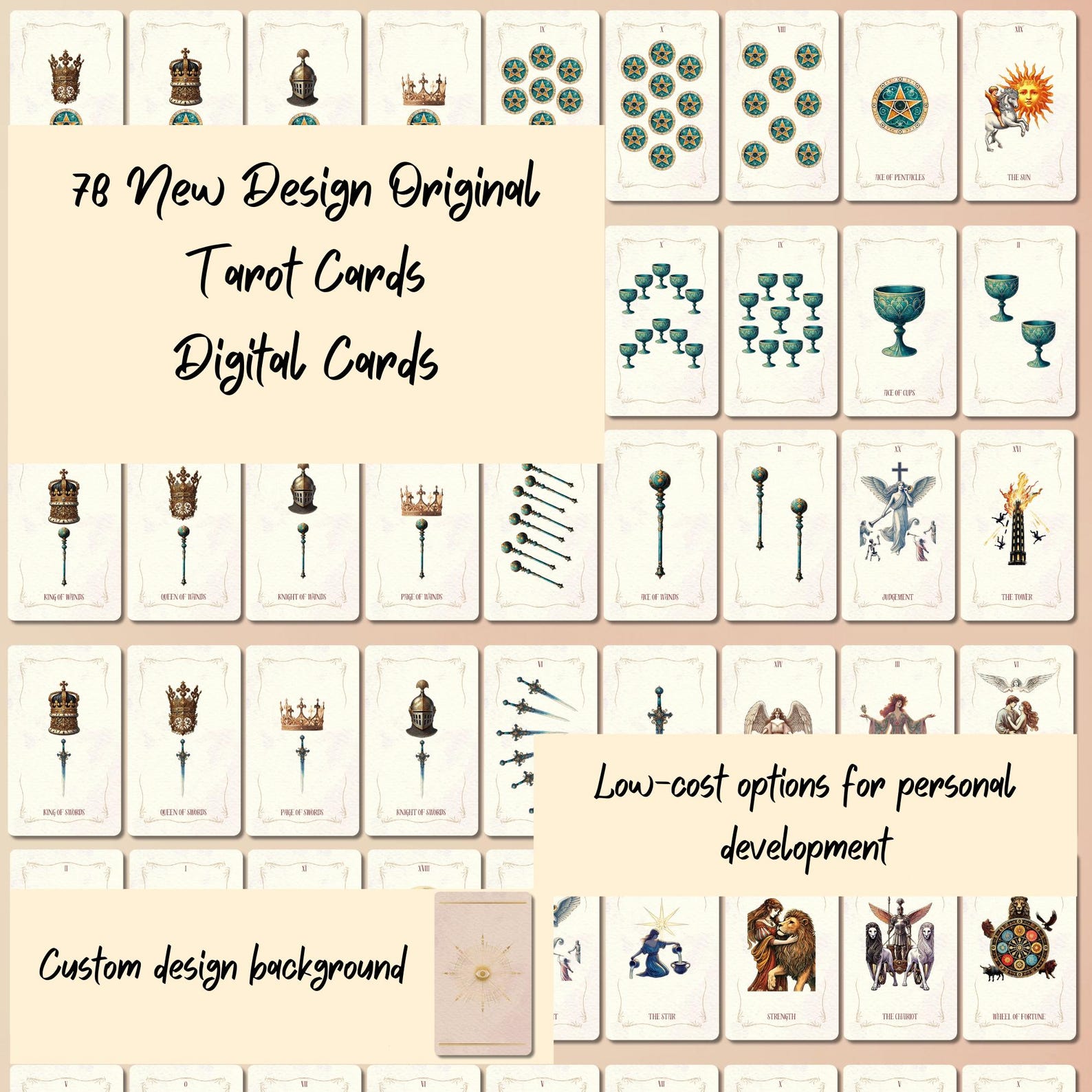 Digital Tarot Deck | Pink Gold 78 Printable Cards | Guidebook Pdf + Png ...