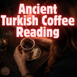 May include: Image with the text "Ancient Turkish Coffee Reading" in a glowing red font. A person holds a coffee cup with grounds, a saucer, and a small decorative container. The scene is dimly lit, suggesting a mystical theme.