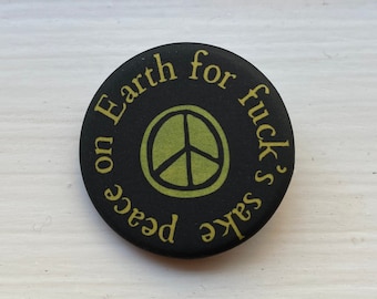 soft velvety matte peace on Earth button pin ~ 1.25 inch round, black & olive green ~ eco-friendly recycled metal pinback button