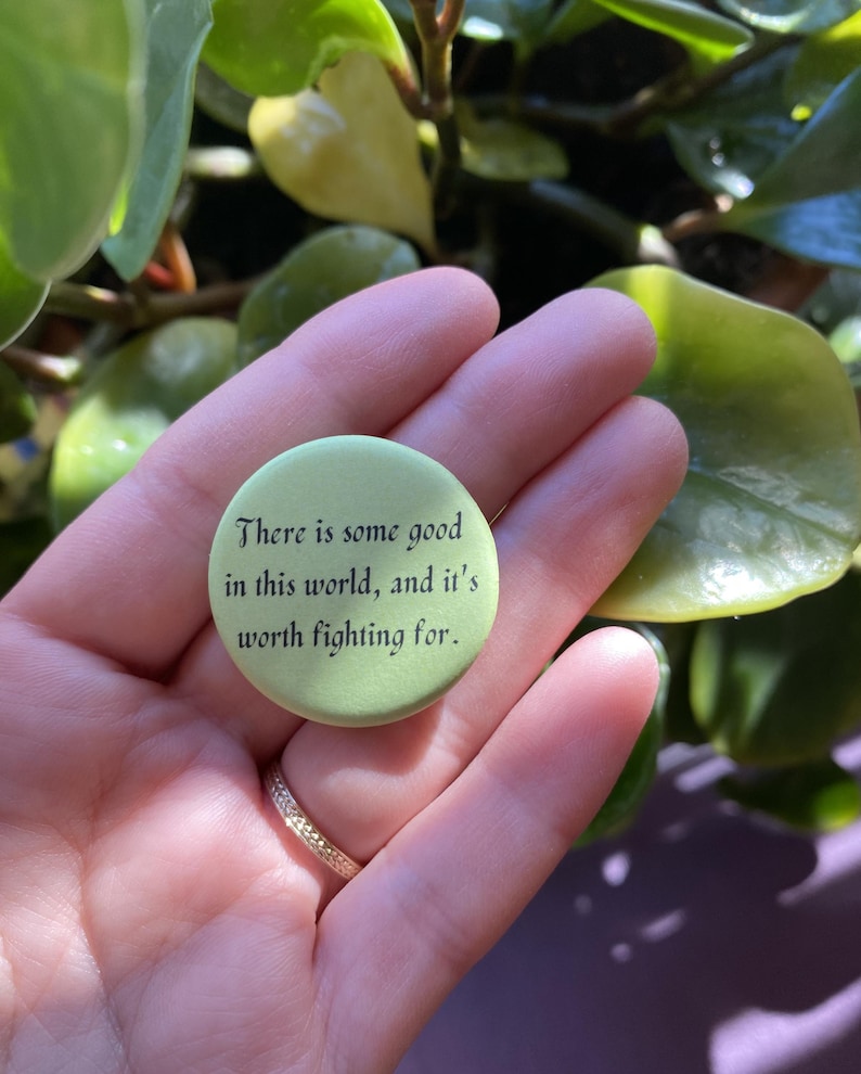 May include: A green button with the text "There is some good in this world, and it's worth fighting for."