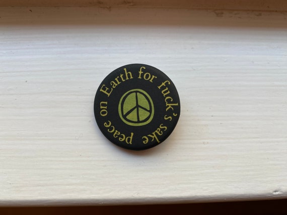 soft velvety matte peace on Earth button pin ~ 1.25 inch round, black & olive green ~ eco-friendly recycled metal pinback button