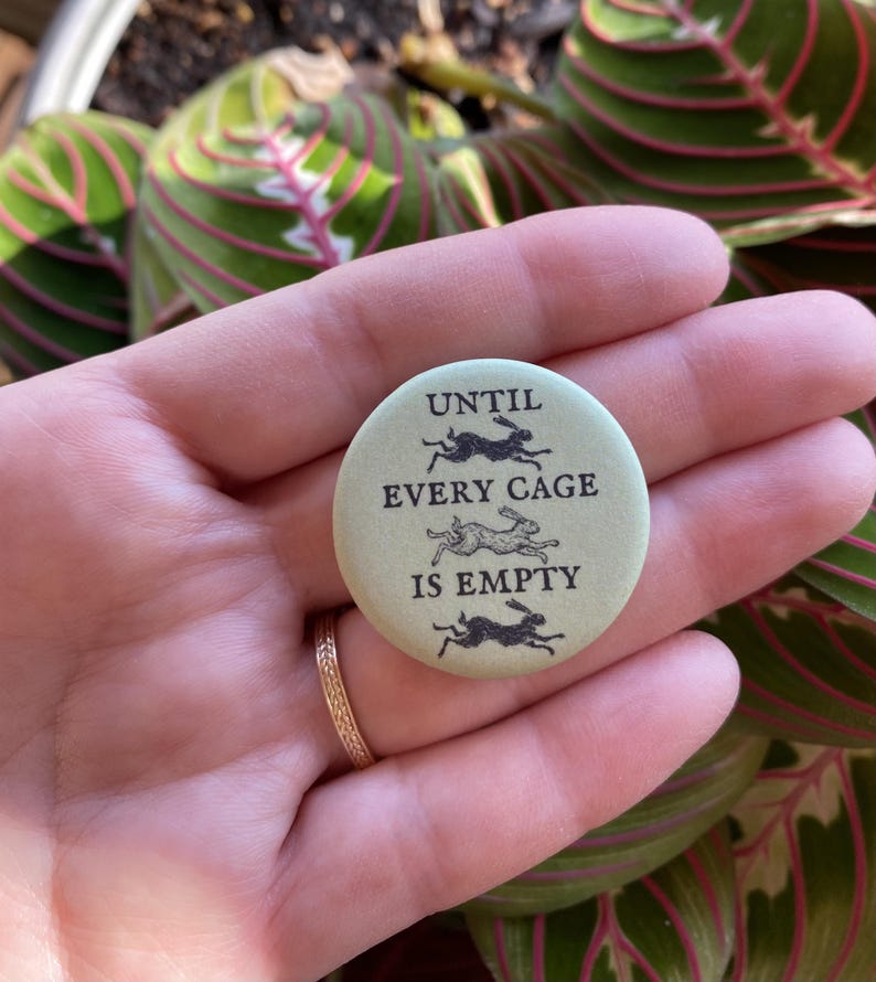 Op de afbeelding: Een groene knop met de tekst "Until every cage is empty" en drie zwarte silhouetten van konijnen die rennen.