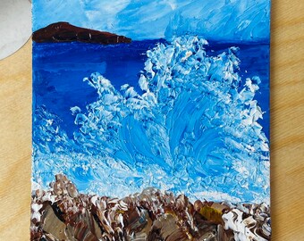 original oil painting "wave", canvas on cardboard, size 5/7 inches, seascape, original work of art, wall decor, impasto, miniature, gift