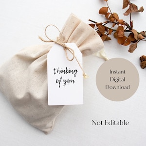 May include: A white gift tag with the text "thinking of you" written in black calligraphy. The tag is tied with twine to a small, beige fabric bag. The background is a white surface with a brown branch with dried leaves.