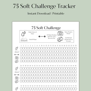 May include: A printable 75-day challenge tracker with a black and white design. The tracker includes four challenges: drink 3 liters of water, read 10 pages, 45-minute workout with one active recovery day, and take a progress picture. The tracker has a grid of 75 squares with numbers 1 through 75.