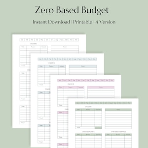 Puede incluir: Hoja de cálculo de presupuesto cero basada imprimible con secciones para ingresos, gastos fijos, gastos variables, deudas y un resumen. La hoja de cálculo incluye columnas para la fecha, la fuente, el importe y las notas.