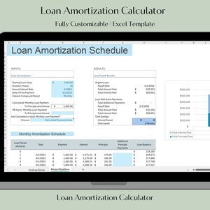 May include: A screenshot of a loan amortization calculator spreadsheet with a blue and white color scheme. The spreadsheet shows the inputs for a loan, including the loan amount, interest rate, and loan term. The spreadsheet also shows the results of the loan amortization, including the total amount paid, total interest paid, and the monthly payment amount. The spreadsheet also includes a chart showing the total interest paid and the total principal paid over the life of the loan.