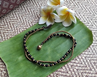 Bracelets de cheville bohème chic, en perles naturelles semi-précieuse Onyx acier inoxydable doré résistant à l'eau