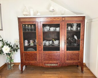 Antikes Bücherregal/Sideboard aus Naturholz, Intarsien, Marmorregal