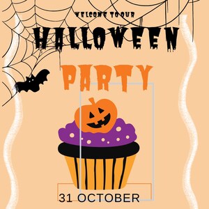 Op de afbeelding: Uitnodiging voor een Halloween-feest met een zwart spinnenweb, een vleermuis en een cupcake met een pompoen erop. De tekst luidt "Welkom op ons Halloween-feest", "31 oktober", "123 Anywhere St., Any City", "Aanvang 21:00 uur", "Drankjes, snoep, pompoenen, dansen en meer", en "RSVP Pumpkin".