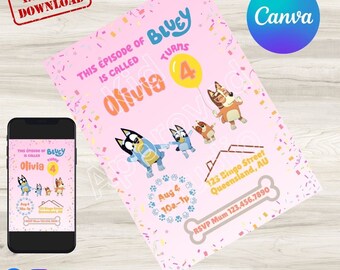 Invito di compleanno di Bluey (rosa) / Modificabile con Canva / Stampabile per feste per bambini / Download digitale / Tema videogiochi