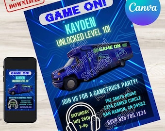 Aanpasbare verjaardagsuitnodiging gametruck, digitale download
