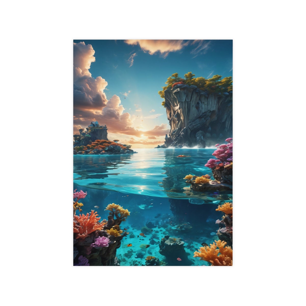 Seascape Surreal Fantasy Poster, Floating Islands Landscape Art Print ...